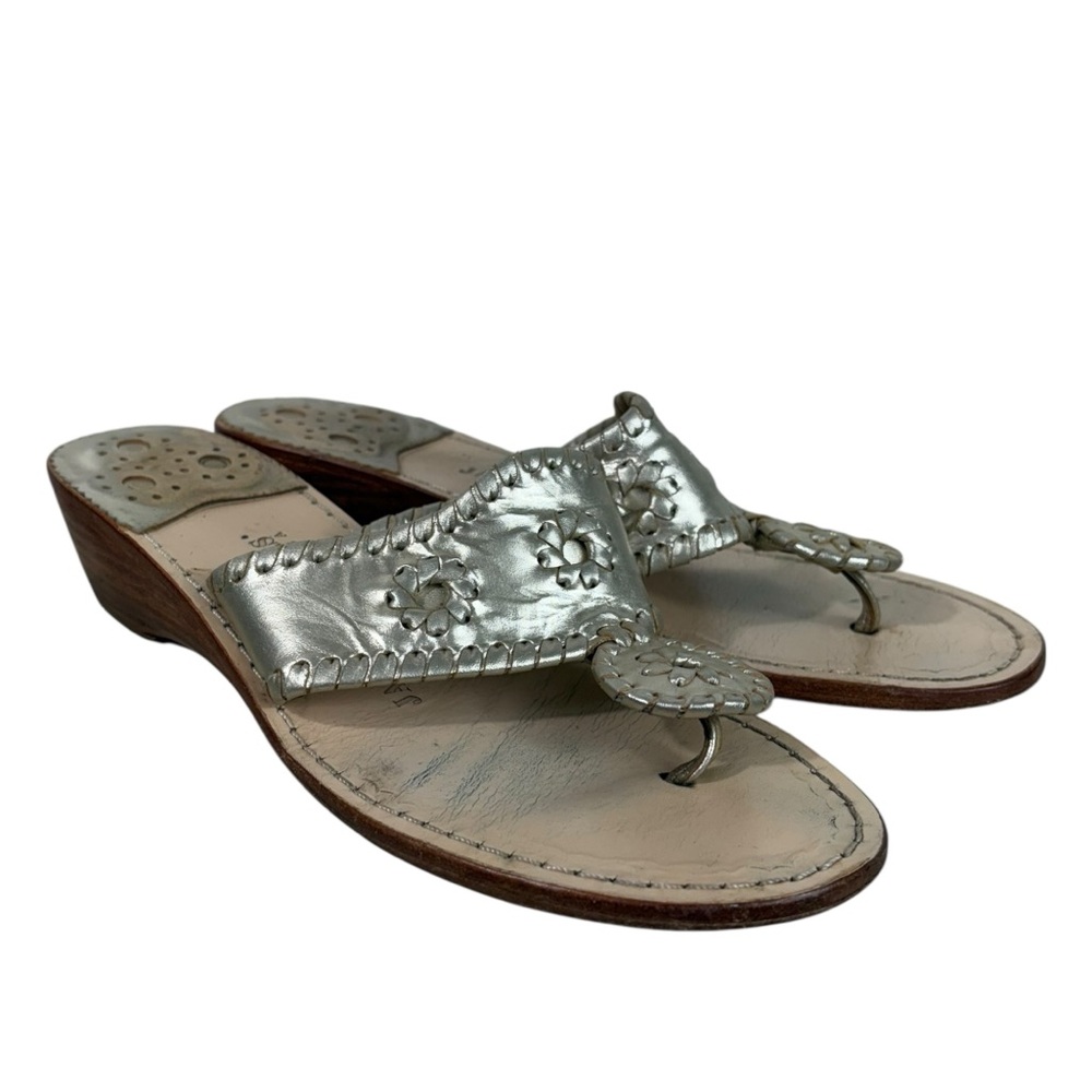 Jack Rogers Silver Whipstitch Small Wedge Slip On Flip Flop Thong Sandals 7M 7